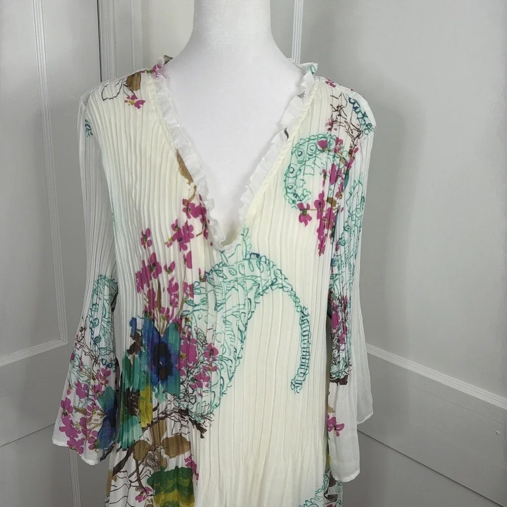 Sunny Leigh Midi Dress Womens 3X White Floral Pleated Bell Sleeve Boho Flowy - Picture 7 of 9